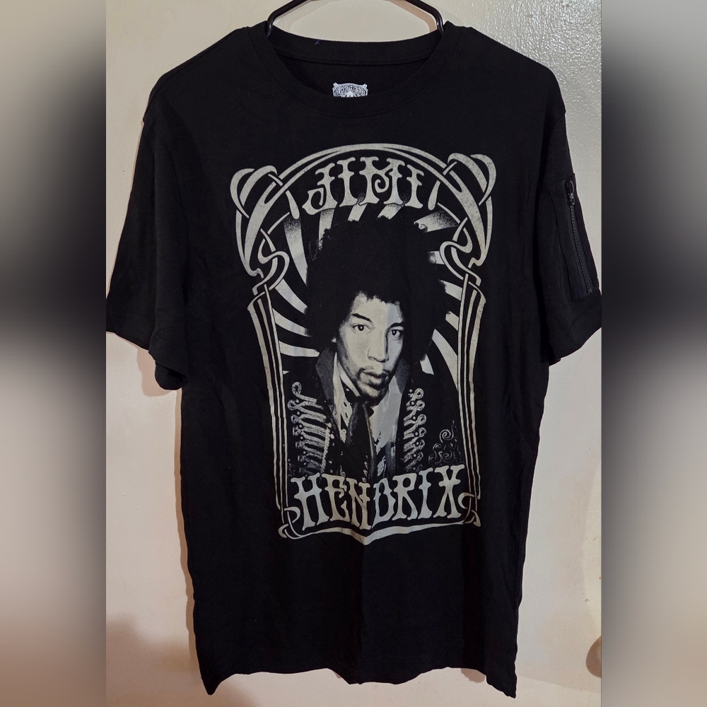Jimi Hendrix Zipper Sleeve Pocket Black Graphic Tee Mens Size Medium NWOT